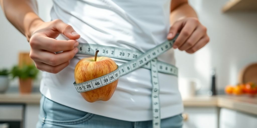 A person is holding a measuring tape and an apple.
