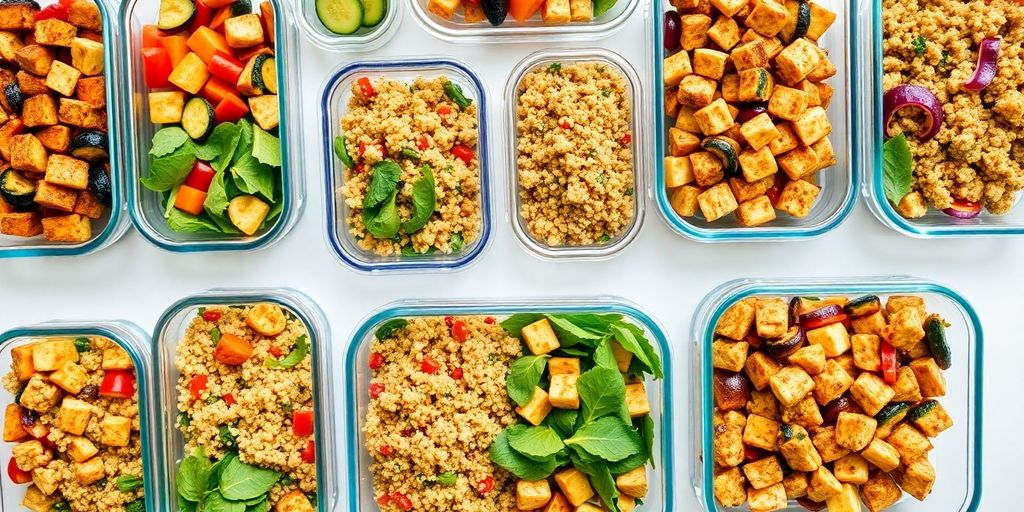 Colorful vegetarian meal prep containers with fresh food.
