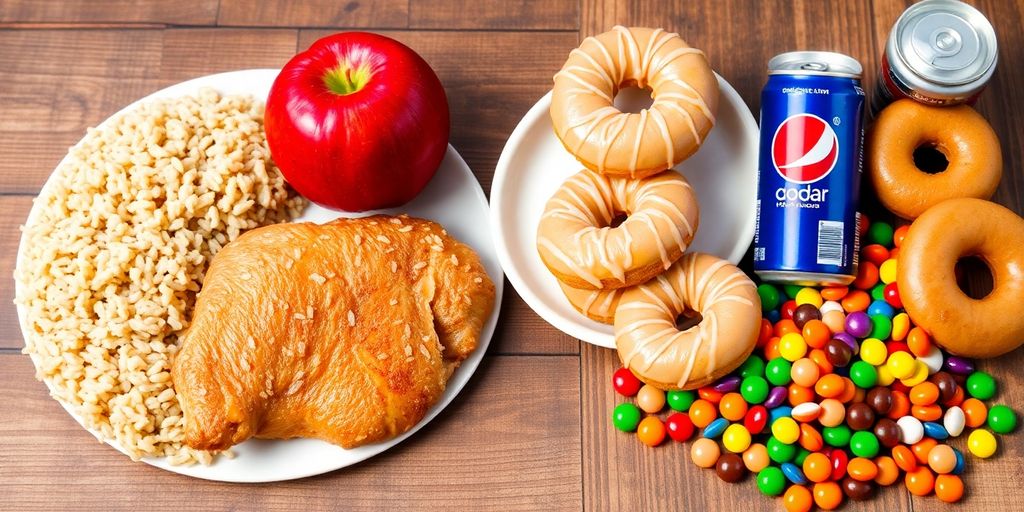 Red apple, white rice, doughnuts, soda, and candy.