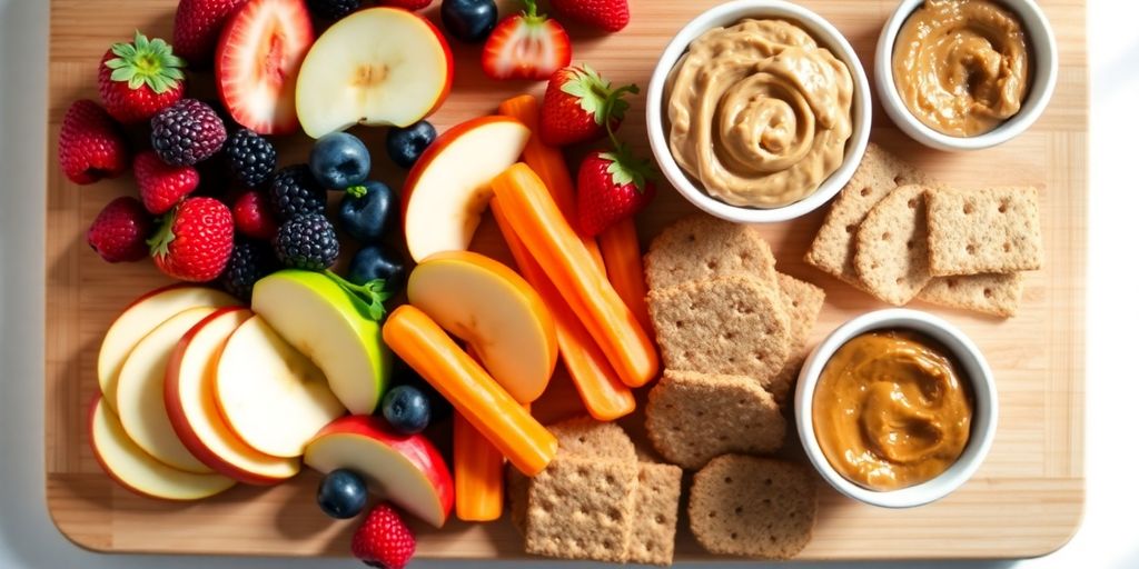 Colorful healthy snacks arranged on a rustic wooden table.