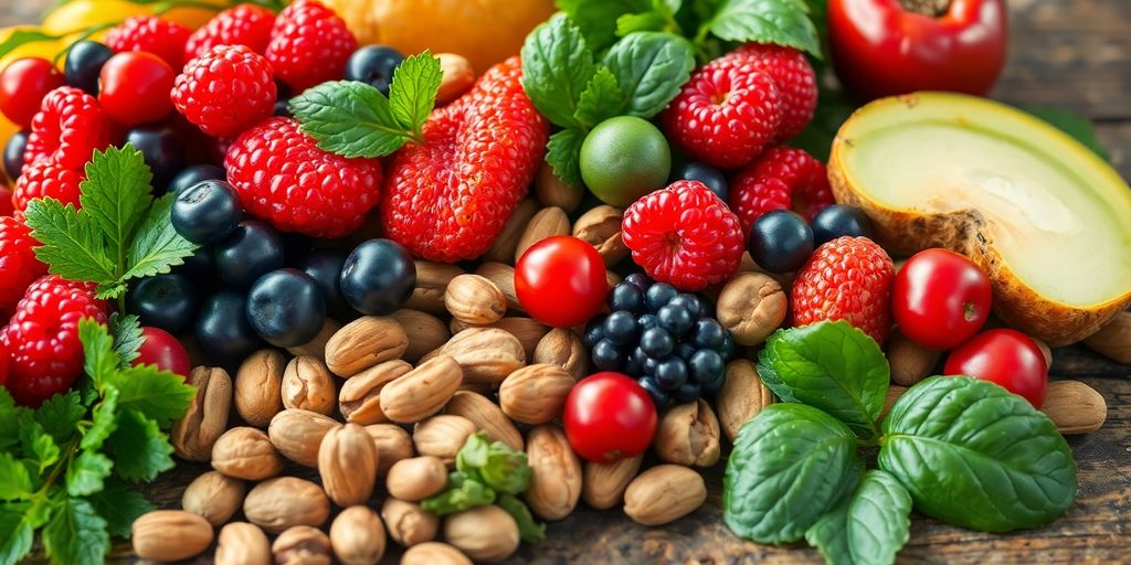 Colorful berries, leafy greens, and nuts on a wooden table.