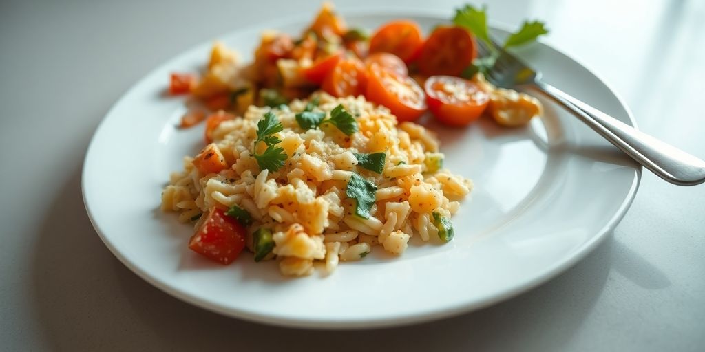 Light, easy meal on a dinner plate, ready to eat.
