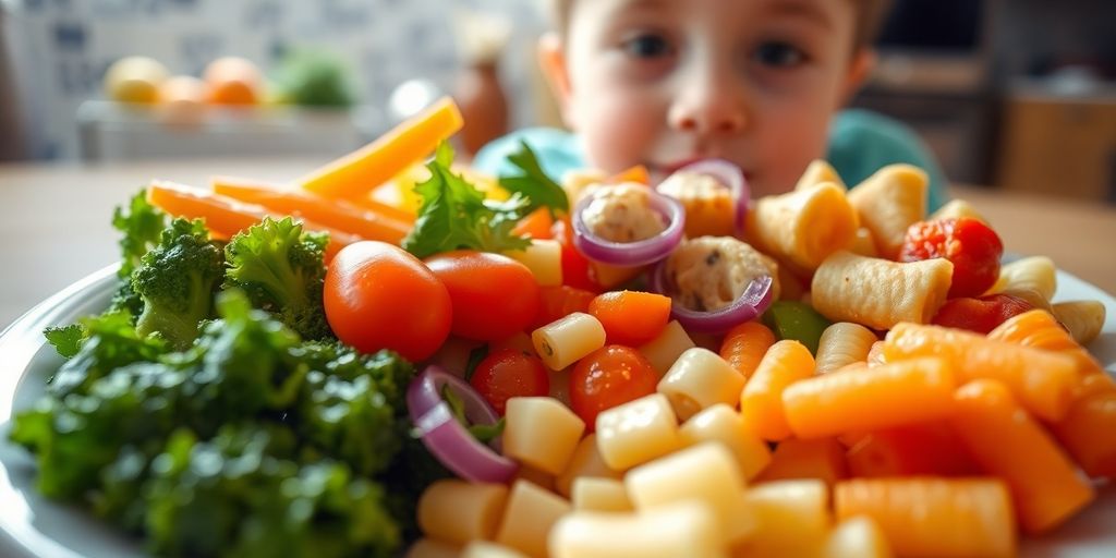 Colorful plate of healthy kid-friendly food.