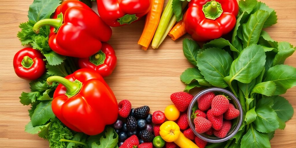 Colorful healthy foods arranged around a heart shape.