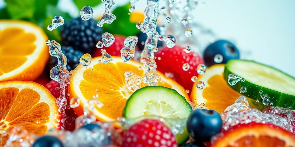 Sparkling water cascading over fresh fruits