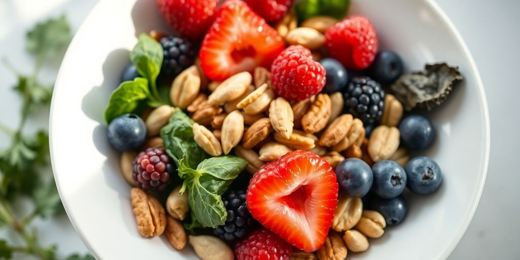 Colorful plate with berries, nuts, and leafy greens.
