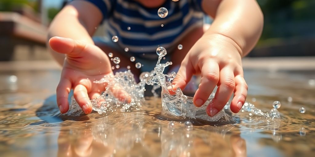 Children playing with water, sunlit vibrant scene.