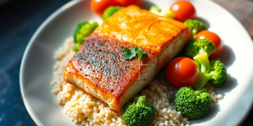 Colorful plate with salmon, broccoli, and quinoa.