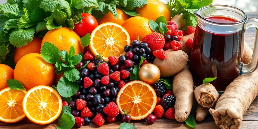 Colorful fresh fruits and vegetables for juicing.