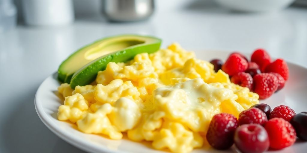 Scrambled eggs, avocado, and berries on a plate.