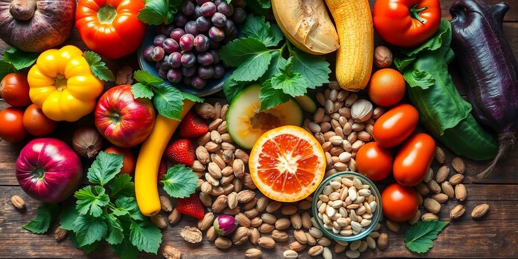 Colorful fruits, vegetables, nuts, and seeds