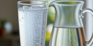 Sparkling water glass, full, next to a clear pitcher.