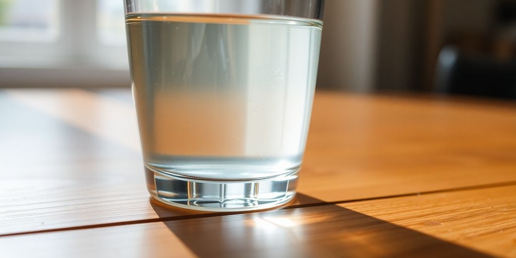 Full clear water glass on a wooden table.