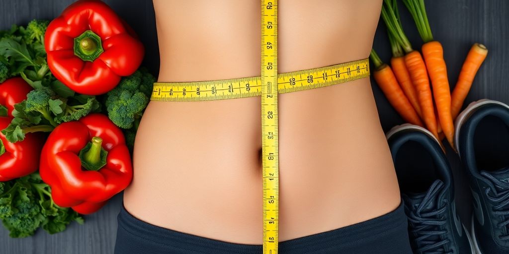 Person's flat stomach, measuring tape, fresh vegetables, athletic shoes.