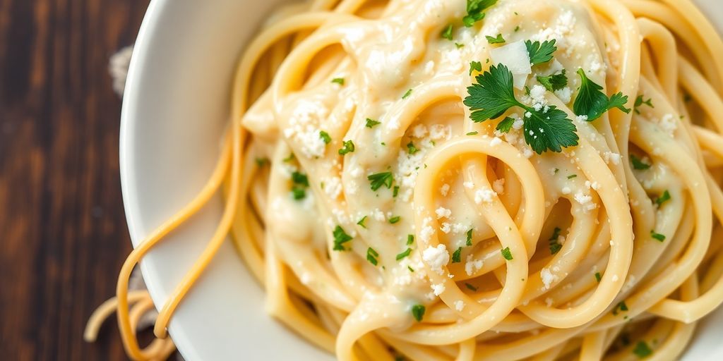 Creamy Alfredo sauce, pasta, Parmesan, and fresh parsley.
