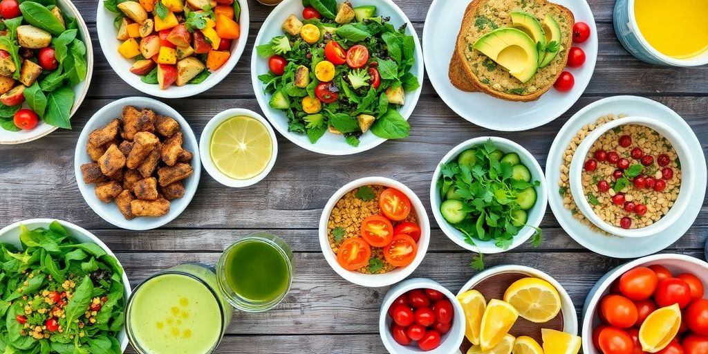 Overhead view of ten colorful healthy dishes on wooden table