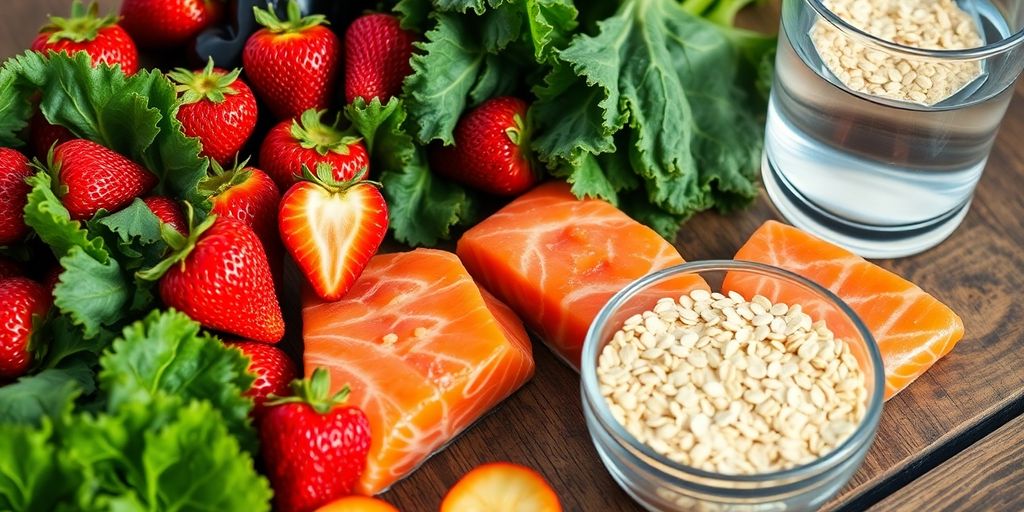 Heart-healthy food on a wooden table.