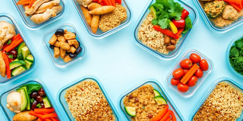 Colorful meal prep containers with healthy food.
