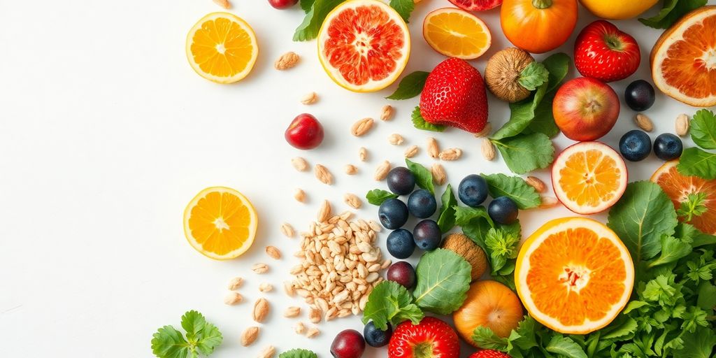 Vibrant assortment of healthy foods, fruits, and vegetables.