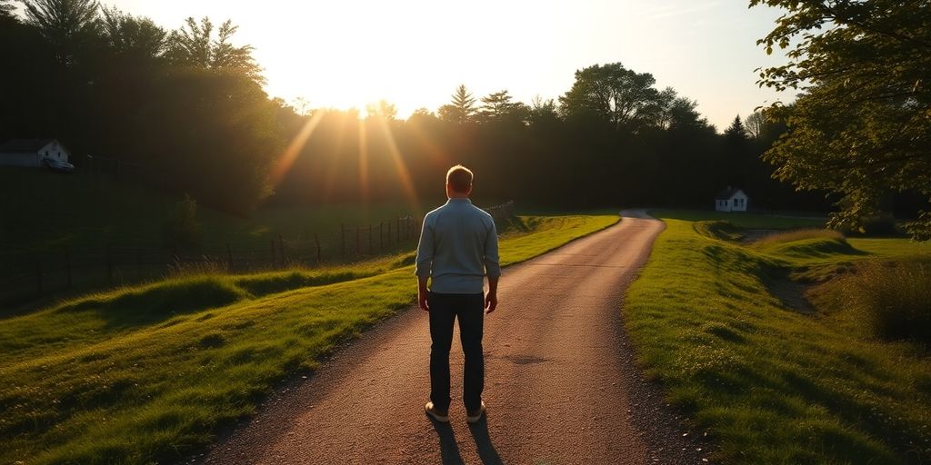 Person looking thoughtful near a branching path.