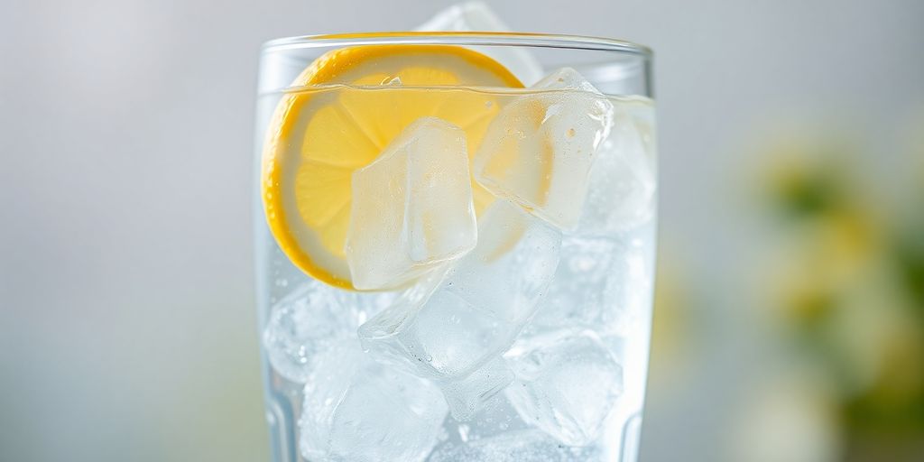 Glass of water with ice and lemon slices.