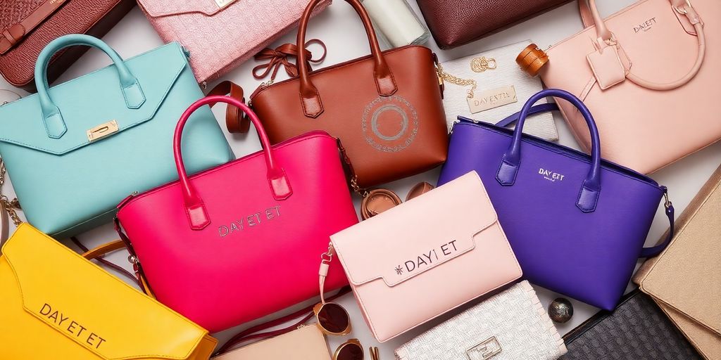 Stylish DAY ET handbags and accessories arranged attractively.