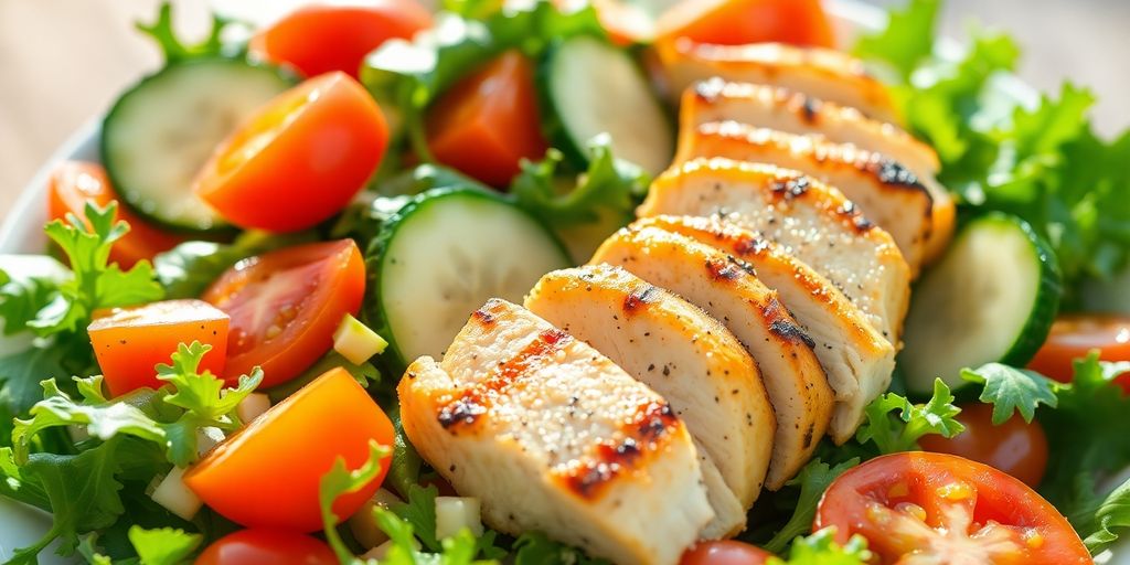 Vibrant summer salad with fresh vegetables and grilled chicken.