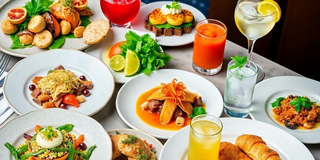Gourmet food and drinks spread