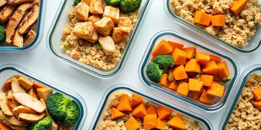 Healthy meal prep dinner bowls with vibrant vegetables.