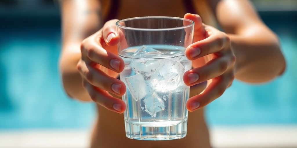 Person drinking water from a clear glass.