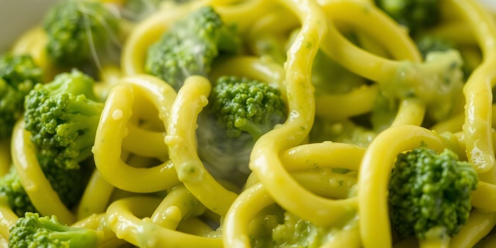 Creamy broccoli pasta in a bowl.