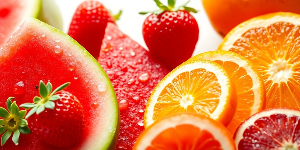 Brightly colored fruits arranged in a refreshing, watery display.