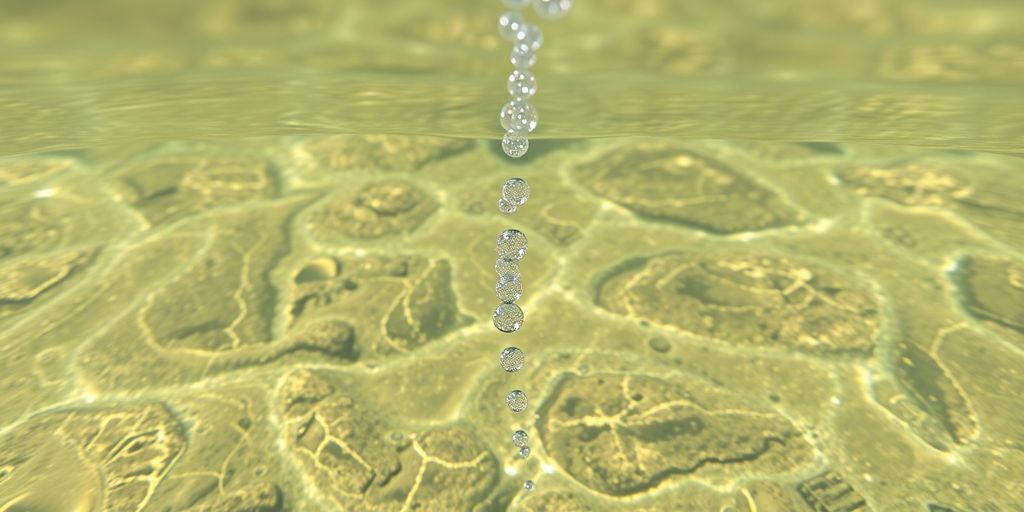 Clear water with bubbles rising from the bottom.