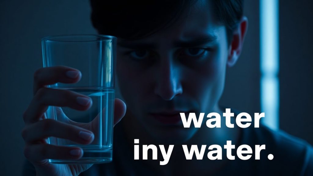 Person looking unwell holding a glass of water.