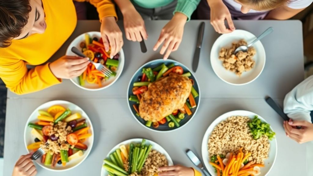 Family enjoying a healthy and delicious supper with colorful food.