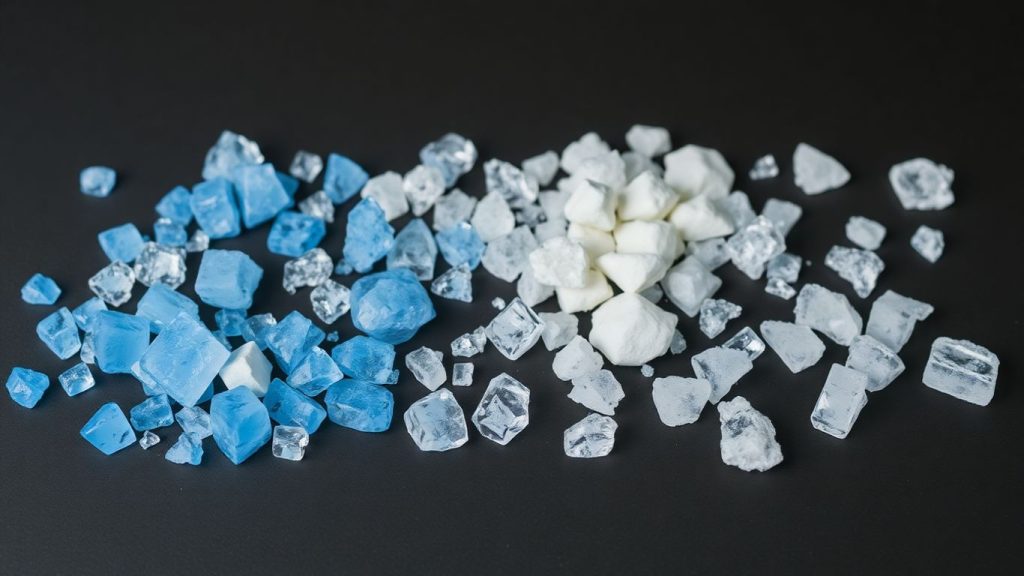 Blue and white crystals on a dark surface.
