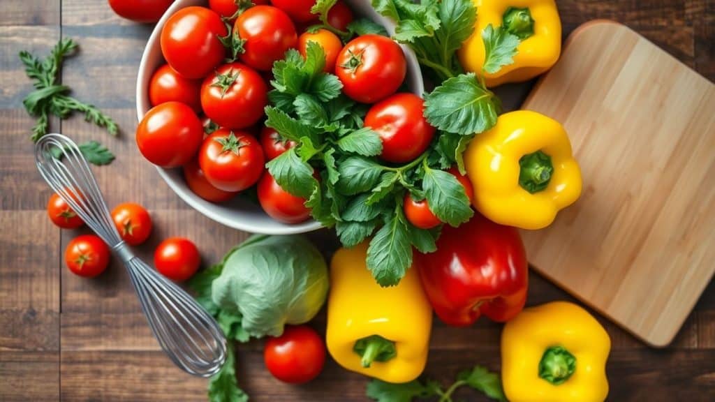 Healthy food ingredients and a whisk on a counter.