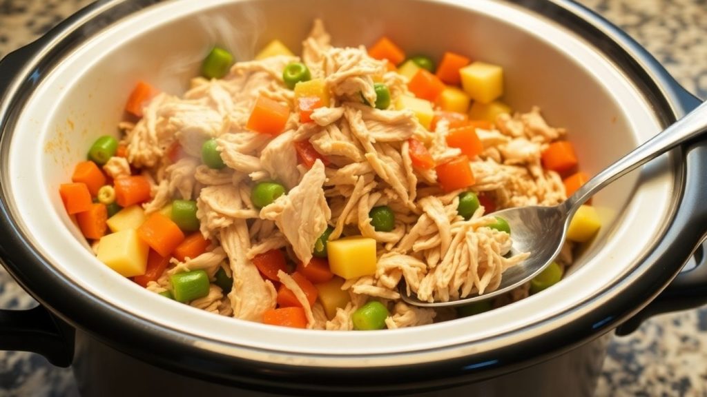 Crock pot chicken with vegetables, ready to serve.