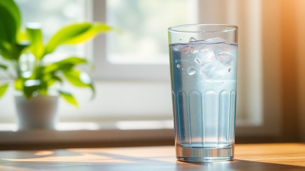 Glass of water with sunlight and plant.