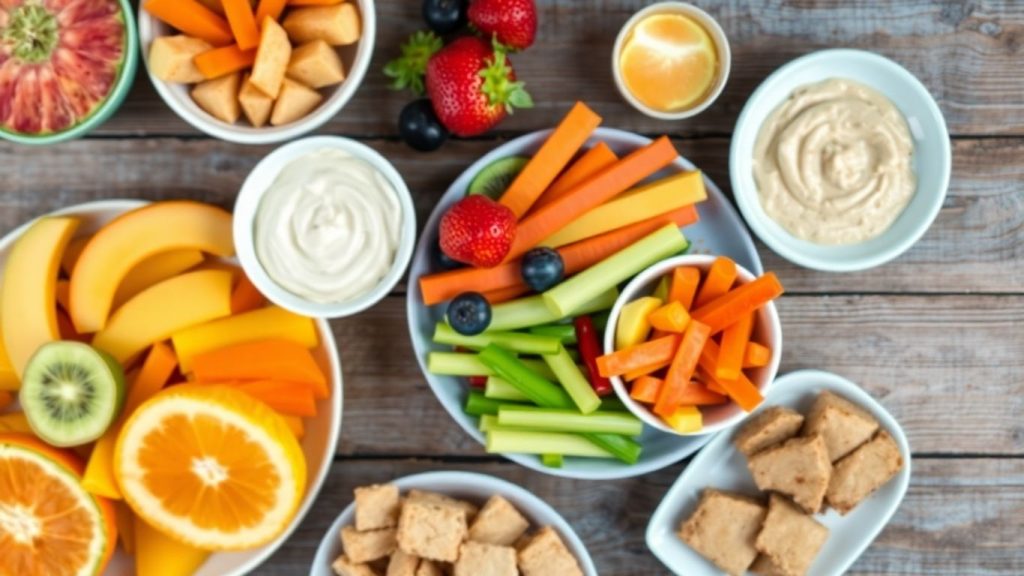 Colorful healthy snacks arranged on a wooden table.