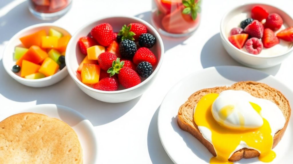 Healthy low-calorie breakfast with fruit, yogurt, and eggs.