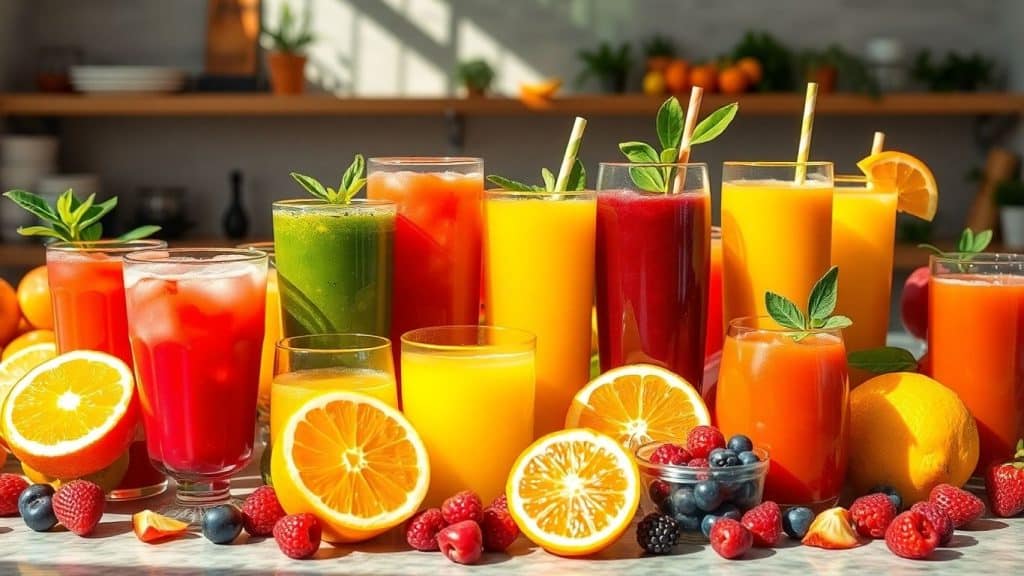 Colorful fresh fruit juices with scattered whole fruits.