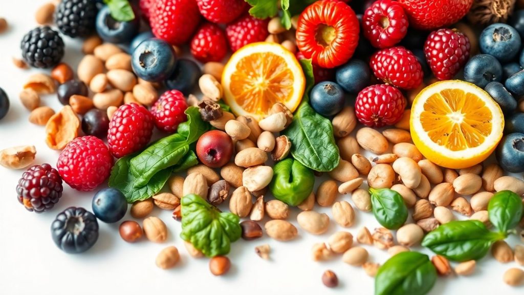 Colorful superfoods: berries, greens, nuts, and seeds.