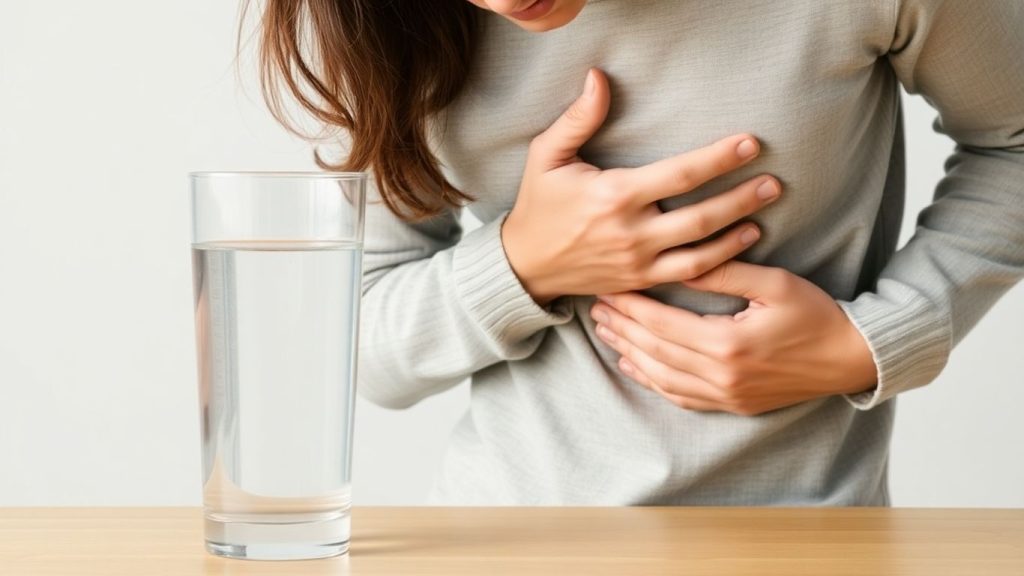 Person feeling unwell with a glass of water.
