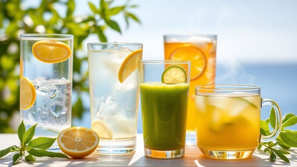 Assortment of healthy drinks: water, smoothie, and tea.
