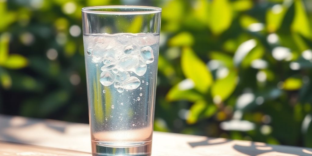 Glass of water with water droplets and leaves