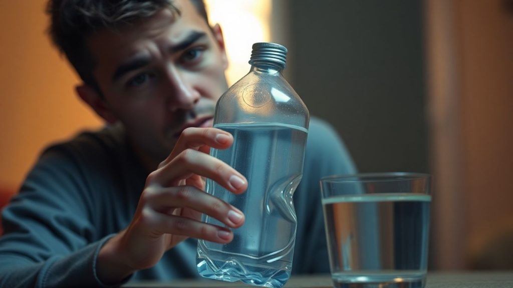 Thirsty person with empty water bottle.